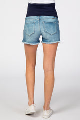 Blue Fringe Hem Maternity Denim Shorts