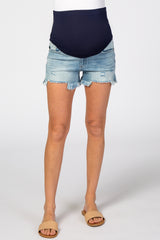 Light Blue Distressed Fringe Hem Maternity Denim Shorts