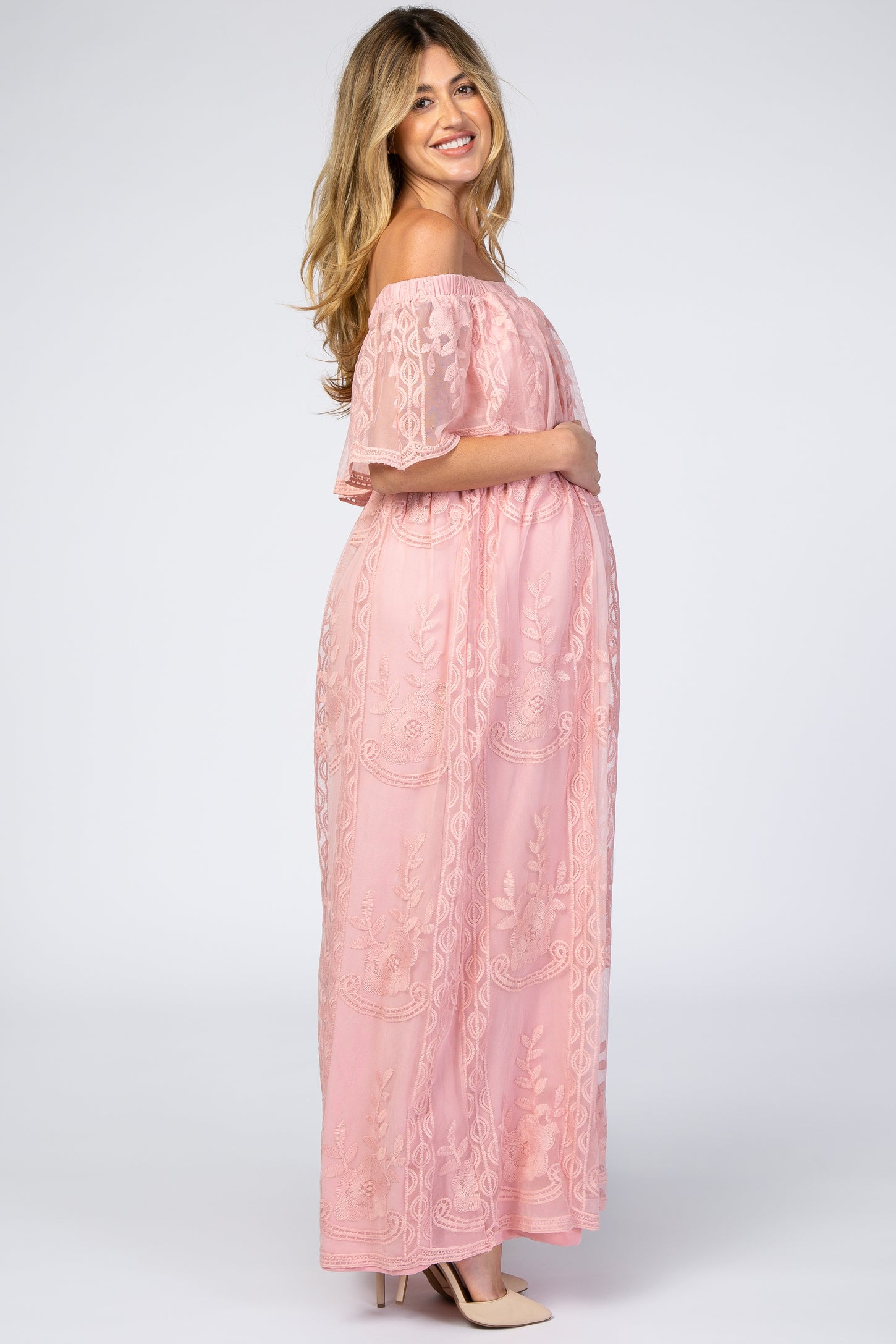 Pink Lace Overlay Off Shoulder Flounce Maternity Maxi Dress