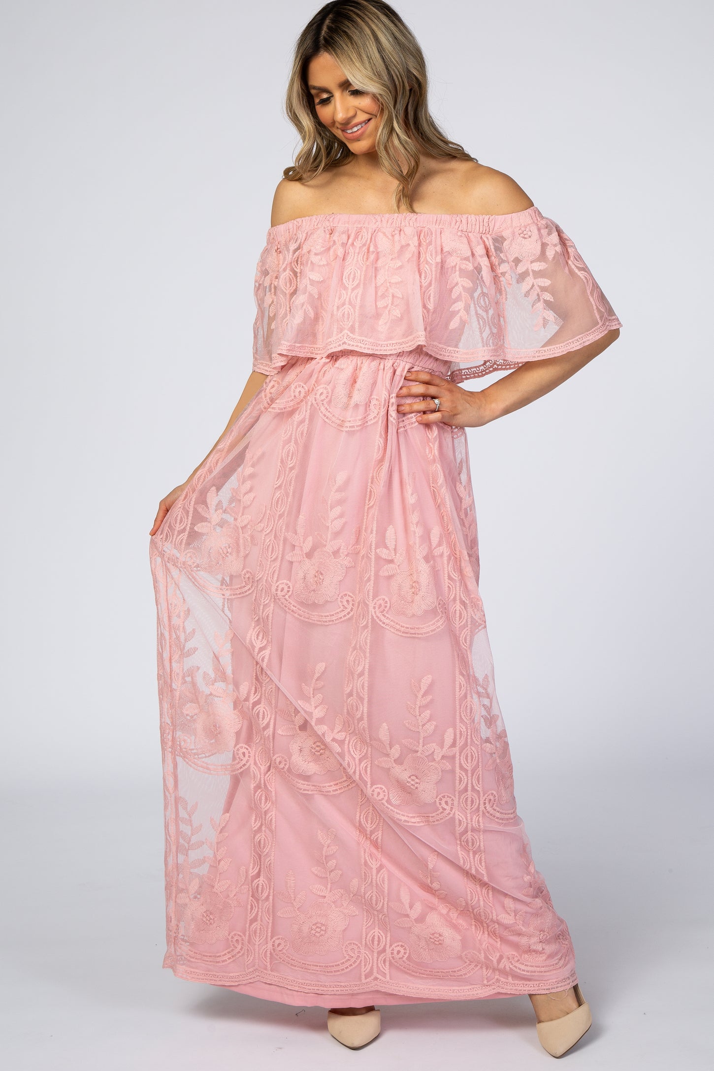 Pink Lace Overlay Off Shoulder Flounce Maternity Maxi Dress