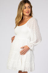 White Smocked Polka Dot Long Sleeve Maternity Dress