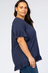 Navy Sleeve Fringe Ruffle Trim Plus Blouse