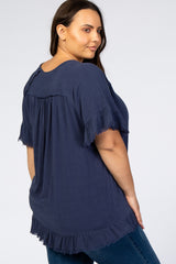 Navy Sleeve Fringe Ruffle Trim Plus Blouse