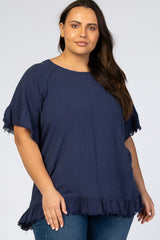 Navy Sleeve Fringe Ruffle Trim Plus Blouse