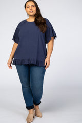 Navy Sleeve Fringe Ruffle Trim Plus Blouse