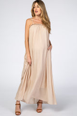 Beige Ruffle Linen Maternity Maxi Dress