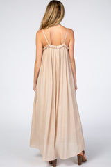 Beige Ruffle Linen Maternity Maxi Dress