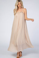 Beige Ruffle Linen Maternity Maxi Dress