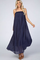 Navy Ruffle Linen Maxi Dress