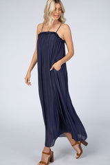 Navy Ruffle Linen Maxi Dress