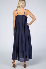 Navy Ruffle Linen Maxi Dress