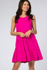 Fuchsia Soft Knit Pleated Tiered Sleeveless Dress