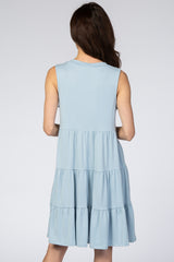 Light Blue Soft Knit Pleated Tiered Sleeveless Dress