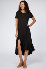 Black Short Sleeve Ruffle Hem Maxi Dress