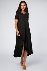 Black Short Sleeve Ruffle Hem Maxi Dress