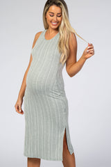 Light Olive White Striped Fitted Maternity Midi Dress