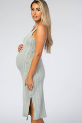 Light Olive White Striped Fitted Maternity Midi Dress