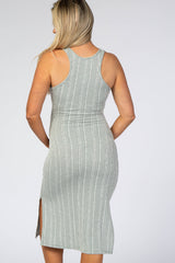 Light Olive White Striped Fitted Maternity Midi Dress