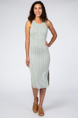 Light Olive White Striped Fitted Midi Dress
