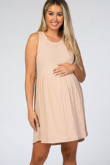 Beige Ribbed Sleeveless Maternity Dress