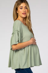 Light Olive Ruffle Trim Short Sleeve Maternity Top