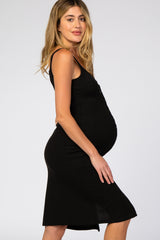 Black Ribbed Snap Button Front Fitted Maternity Midi Dress