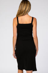 Black Ribbed Snap Button Front Fitted Maternity Midi Dress