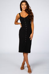 Black Ribbed Snap Button Front Fitted Midi Dress