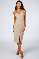 Beige Ribbed Snap Button Front Fitted Midi Dress