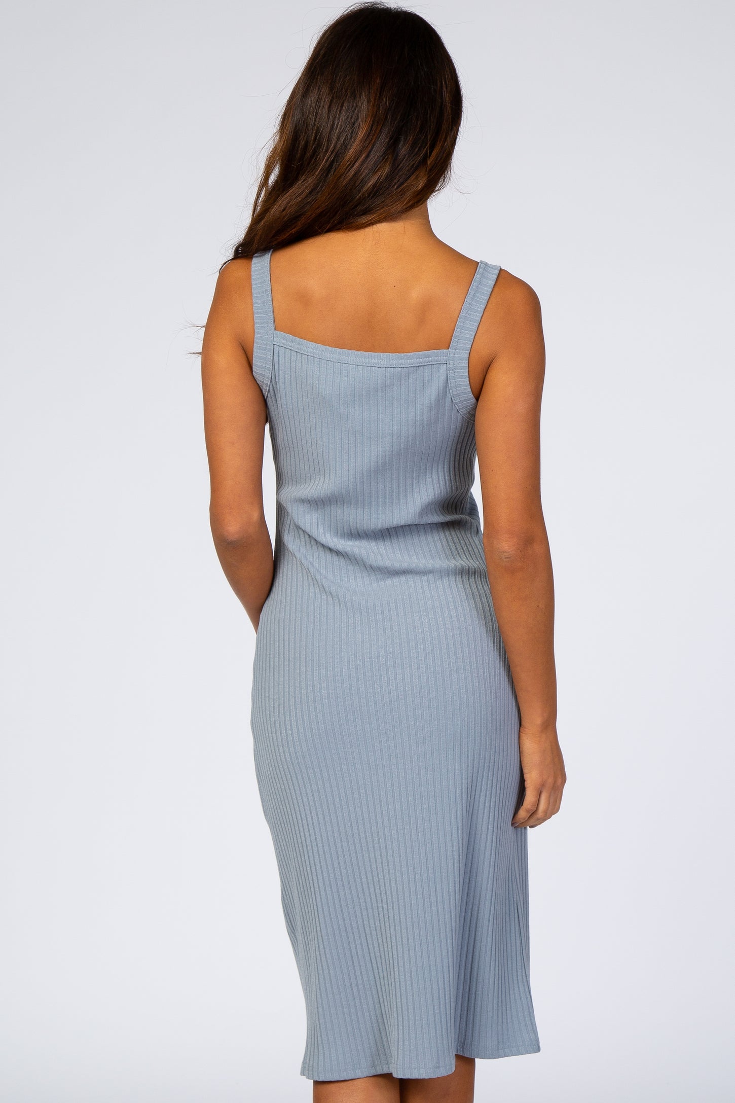 Blue Ribbed Snap Button Front Fitted Midi Dress