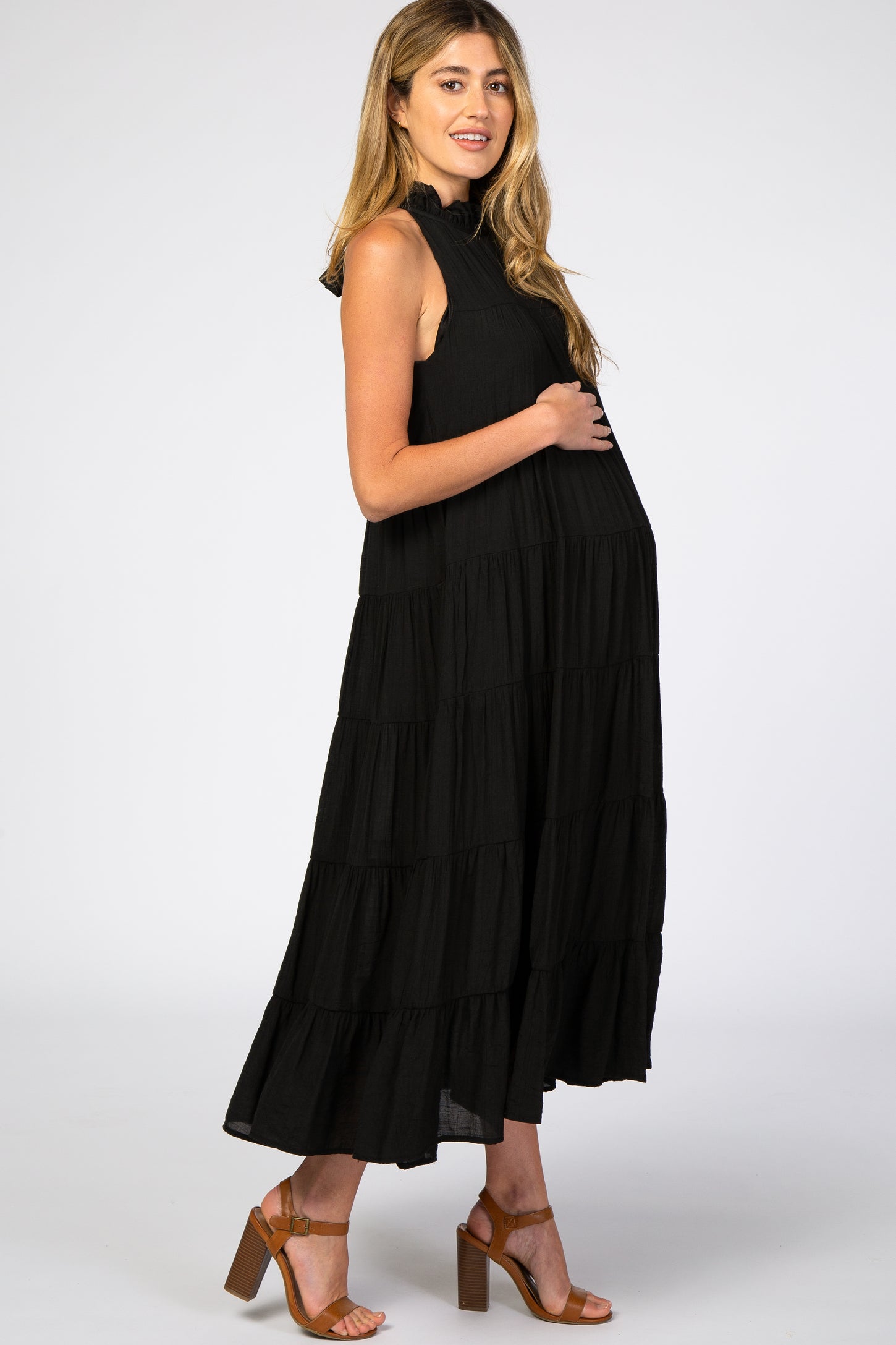 Black Tiered High Neck Maternity Maxi Dress