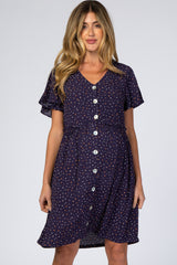 Navy Blue Speckled Button Front Maternity Dress