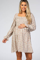 Ivory Floral Smocked Long Sleeve Maternity Dress