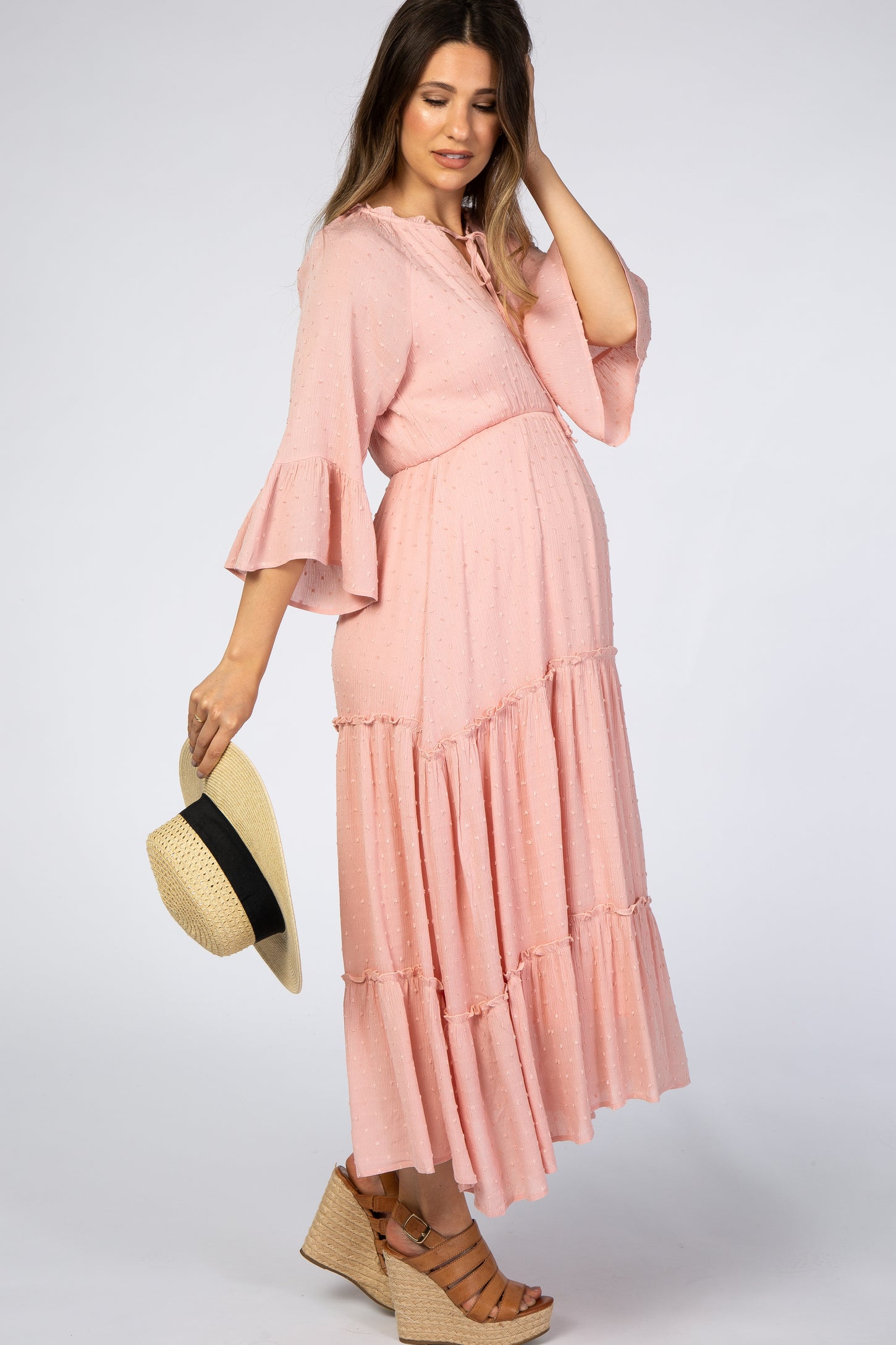 Pink Swiss Dot Tiered Maternity Midi Dress