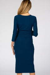 Teal 3/4 Sleeve Maternity Midi Dress