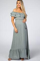 Sage Off Shoulder Tassel Tie Maternity Maxi Dress