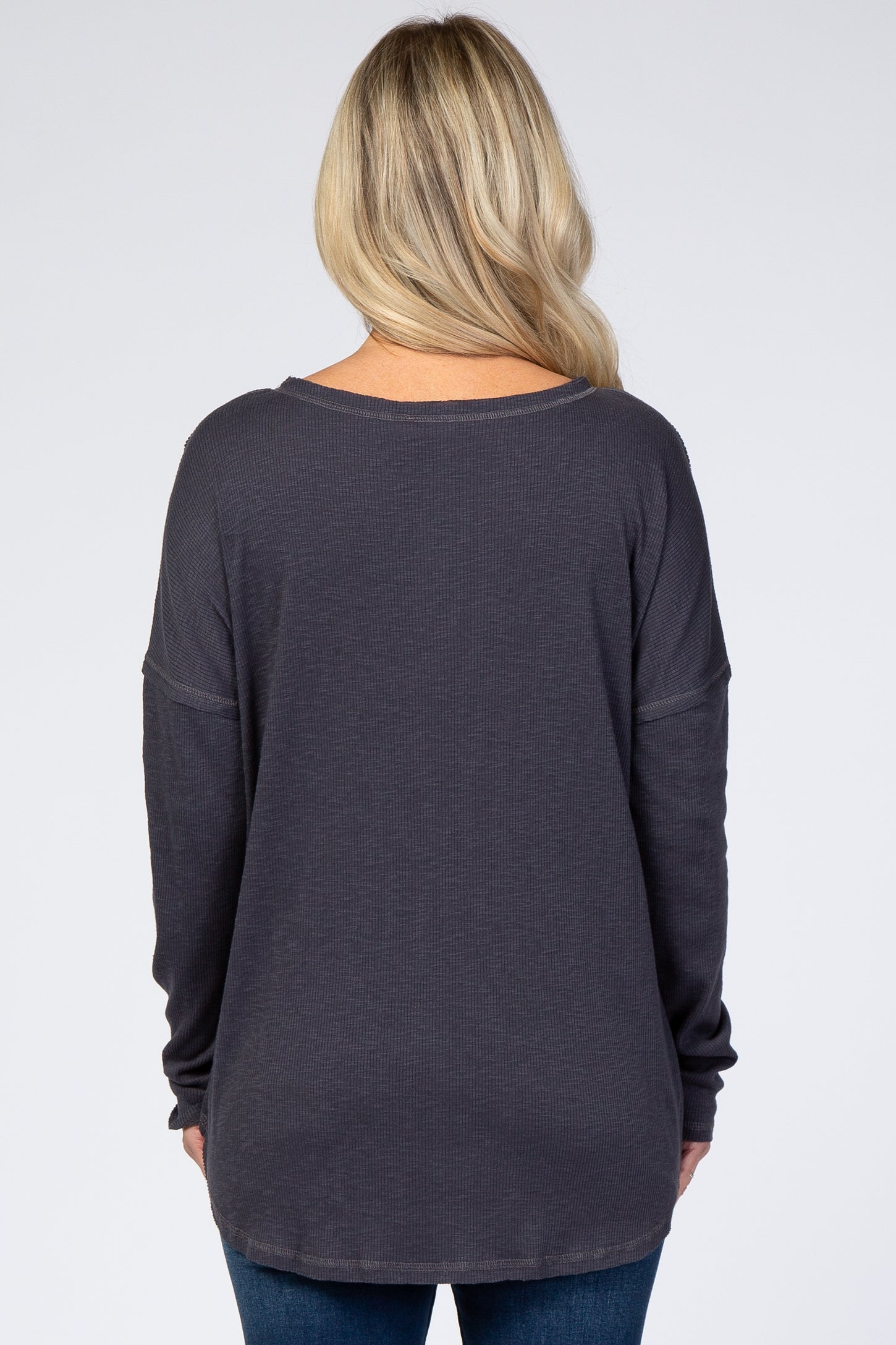 Charcoal Ribbed Button Front Round Hem Maternity Top
