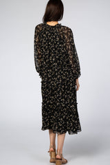 Black Floral Chiffon Tiered Midi Dress