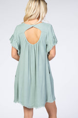 Mint Green Frayed Trim Back Keyhole Linen Dress