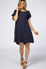 Navy Frayed Trim Back Keyhole Linen Maternity Dress