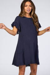 Navy Frayed Trim Back Keyhole Linen Maternity Dress