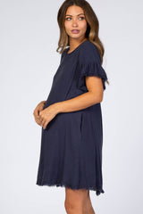 Navy Frayed Trim Back Keyhole Linen Maternity Dress