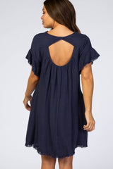 Navy Frayed Trim Back Keyhole Linen Maternity Dress