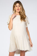 Cream Frayed Trim Back Keyhole Linen Maternity Dress