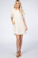 Cream Frayed Trim Back Keyhole Linen Dress