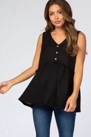 Black Waffle Knit Peplum Sleeveless Maternity Top