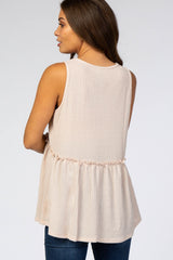 Beige Waffle Knit Peplum Sleeveless Maternity Top