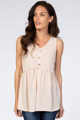 Beige Waffle Knit Peplum Sleeveless Top