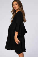 Black Linen Fringe Trim Maternity Dress