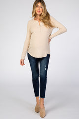 Beige Brushed Knit Ribbed Maternity Top